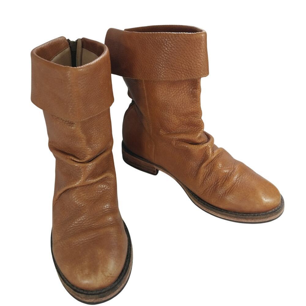 EDDIE BAUER! PECAN BROWN GENUINE LEATHER FOLDOVER TOP ANKLE BOOTS! SZ 9.5M - Picture 2 of 10